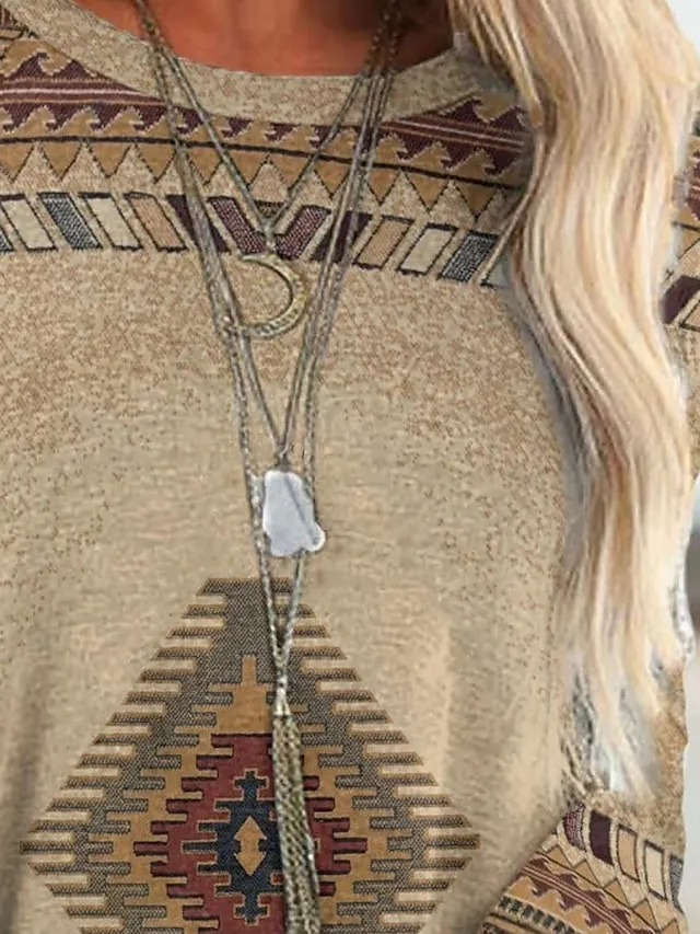 Women's T shirt Tee Burgundy Tee Tunic Shirts Marron Yellow Light Green Geometric Plaid Print Long Sleeve Casual Vintage Tunic Ethnic Round Neck Regular Fit Bohemian Theme Geometric Plus Size Fall