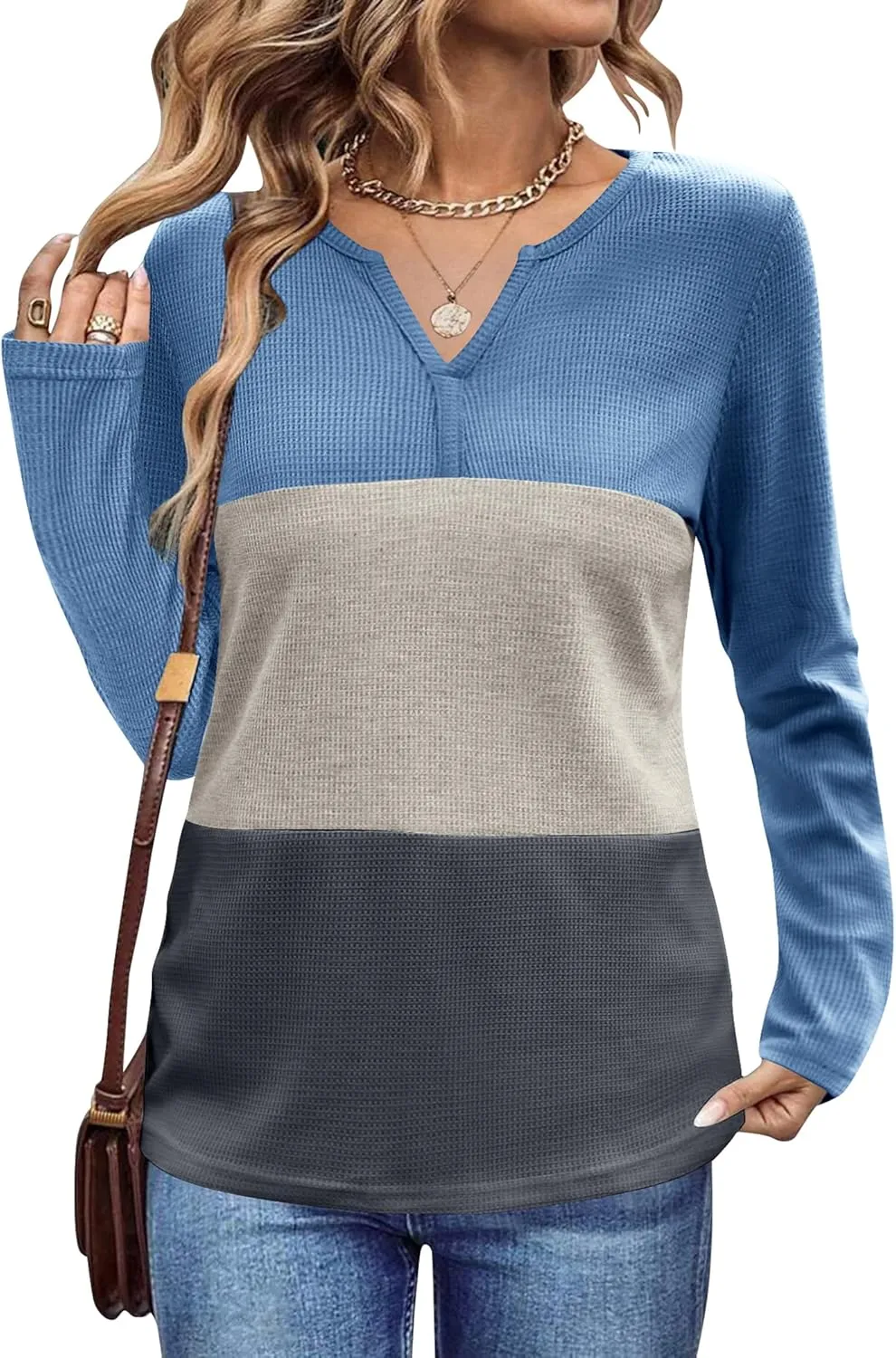 Women's Waffle Shirts V Neck Long Sleeve Tops Color Block T-Shirts Casual Tunics 2024 Fashion Basic Tees