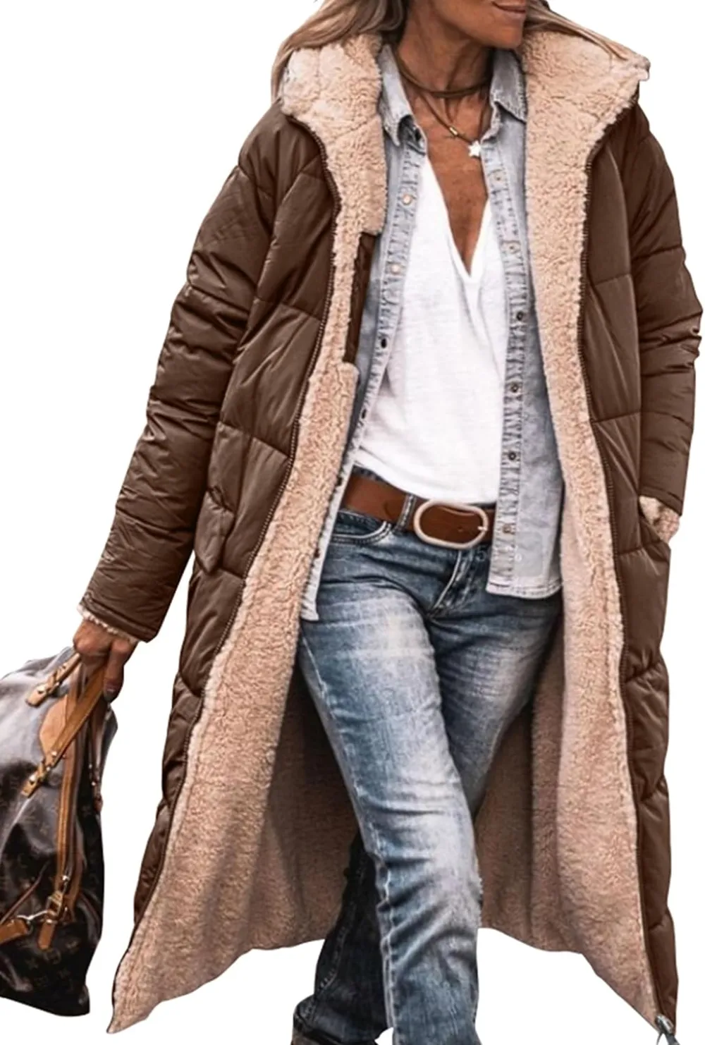 Women's Warm Winter Coats Reversible Sherpa Fleece Long Hooded Puffer Jackets Outerwear