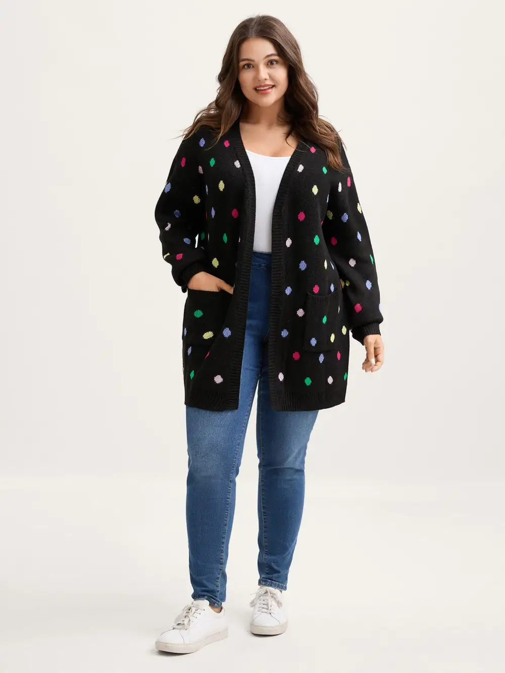 Colorful Polka Dots Pockets Knit Cardigan