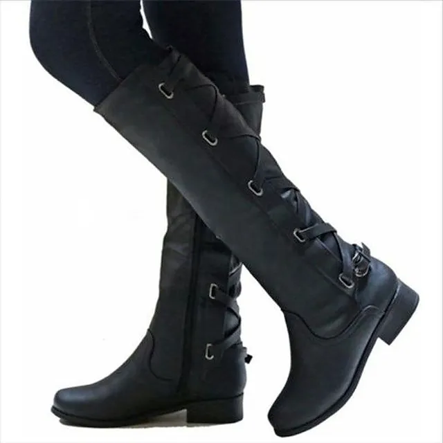 Women's Boots Biker boots Lace Up Boots Riding Boots Party Outdoor Knee High Boots Chunky Heel Fashion Classic Casual PU Solid Color dark brown claret Black