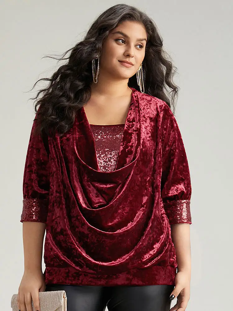 Cowl Neck 2-In-1 Sequin Patchwork Blouse