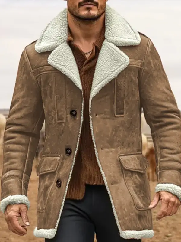 Men's Vintage Suede Patchwork Plush Multi-Pocket Reverse Collar Outdoor Jacket