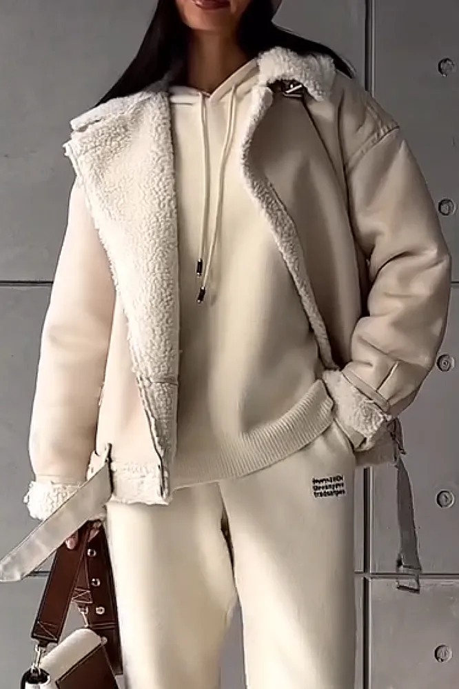 Women's Solid Color Casual Knitted Set and Lamb Fleece Jacket