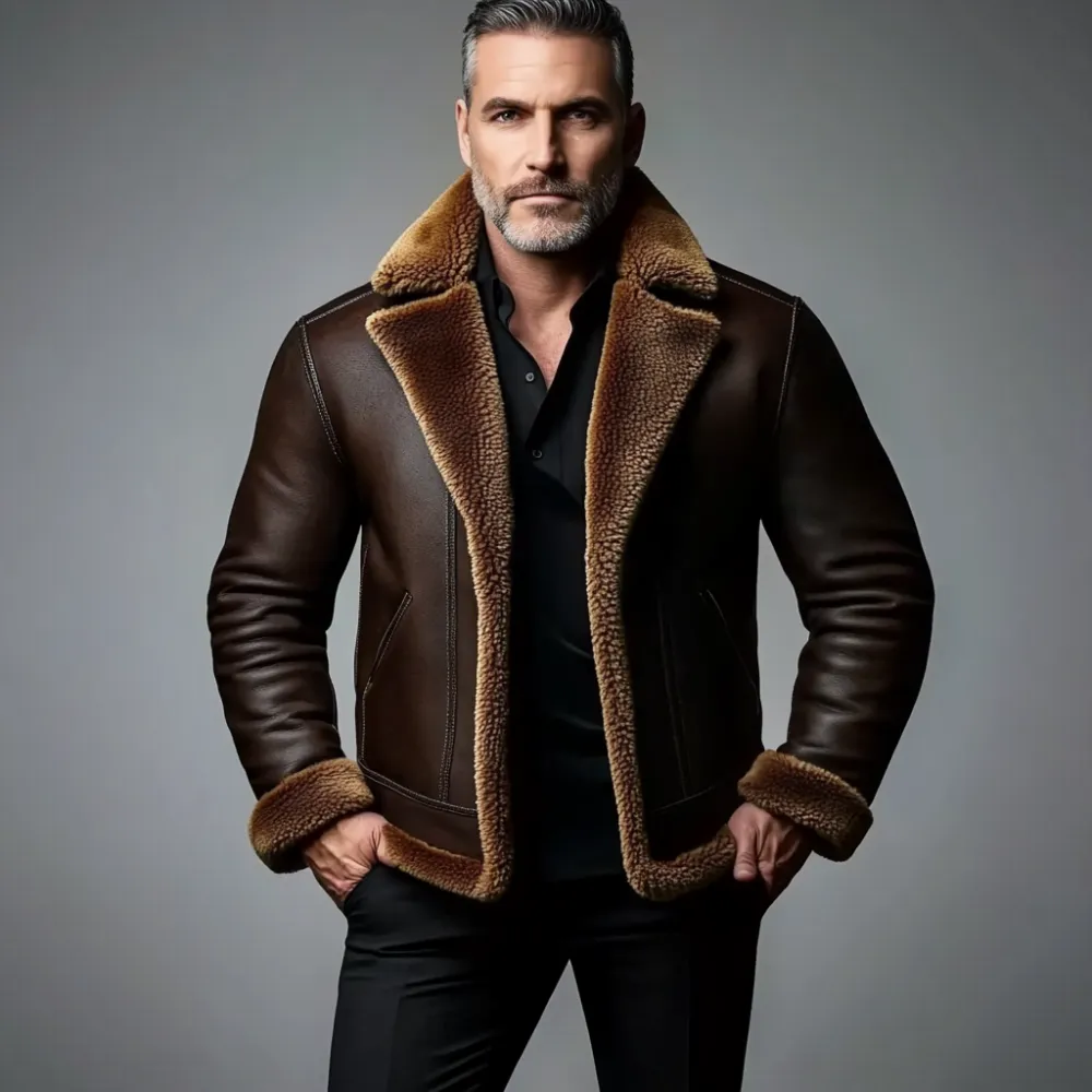 Men's Retro Lapel Long Sleeve PU Leather Fuzzy Coat