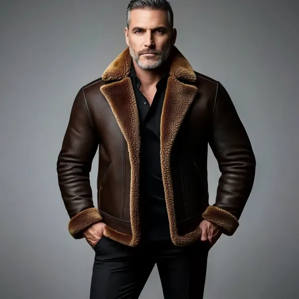 Men's Retro Lapel Long Sleeve PU Leather Fuzzy Coat