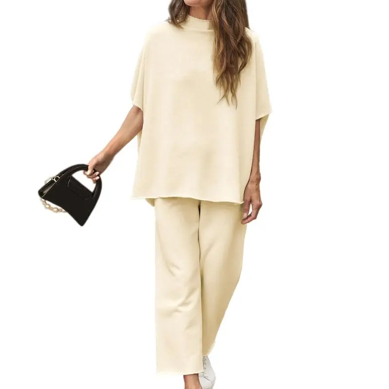 Women’s 2-Piece Lounge Set, Batwing Sleeve Pullover Top & Wide Leg Pants, Travel Outfit