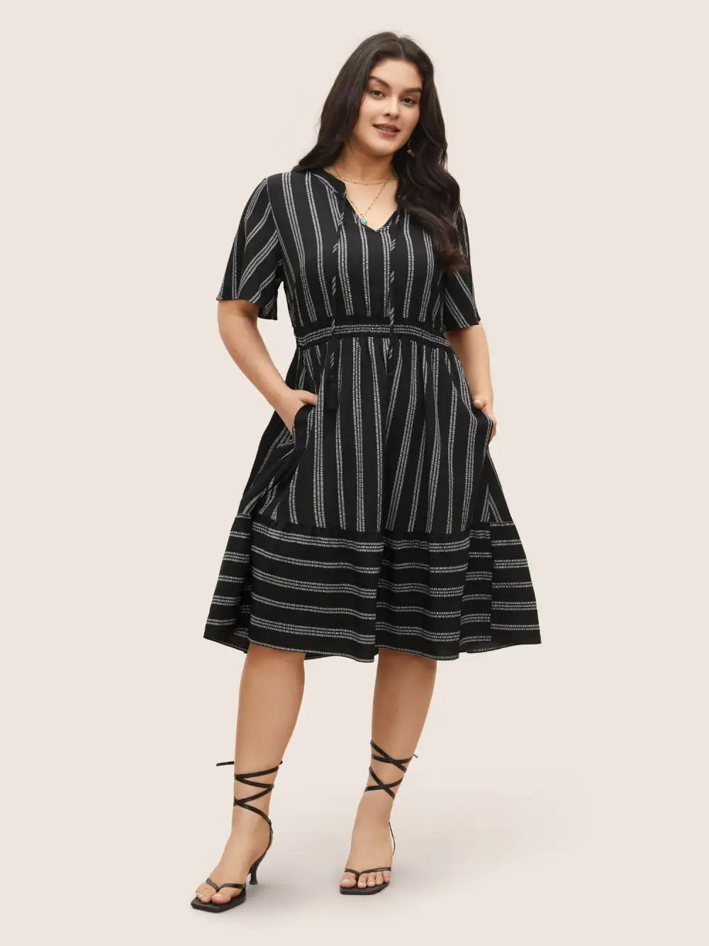 Striped Patchwork Tassels Ties Shirred Dress