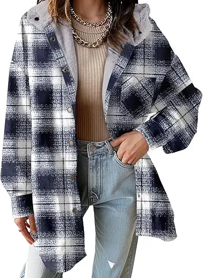 Flannel Hooded Plaid Shacket - Button-Down Thick Fleece-Lined Fuzzy Winter Coat
