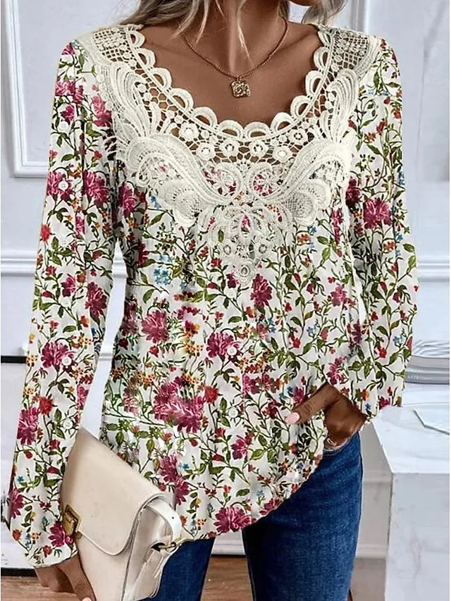 Women's Shirt Blouse Floral Lace Print Casual Holiday Fashion Long Sleeve V Neck Black Spring &  Fall