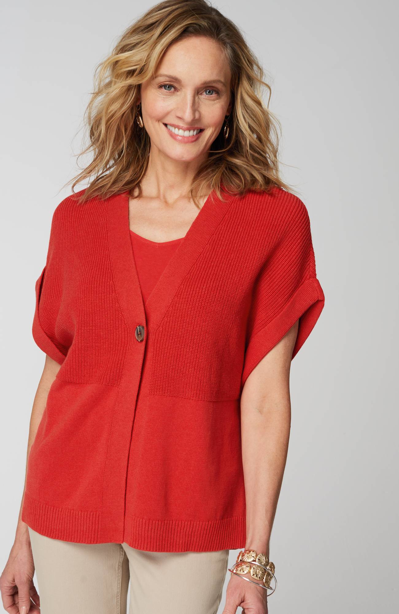 Ribbed-Detail Short-Sleeve Cardi