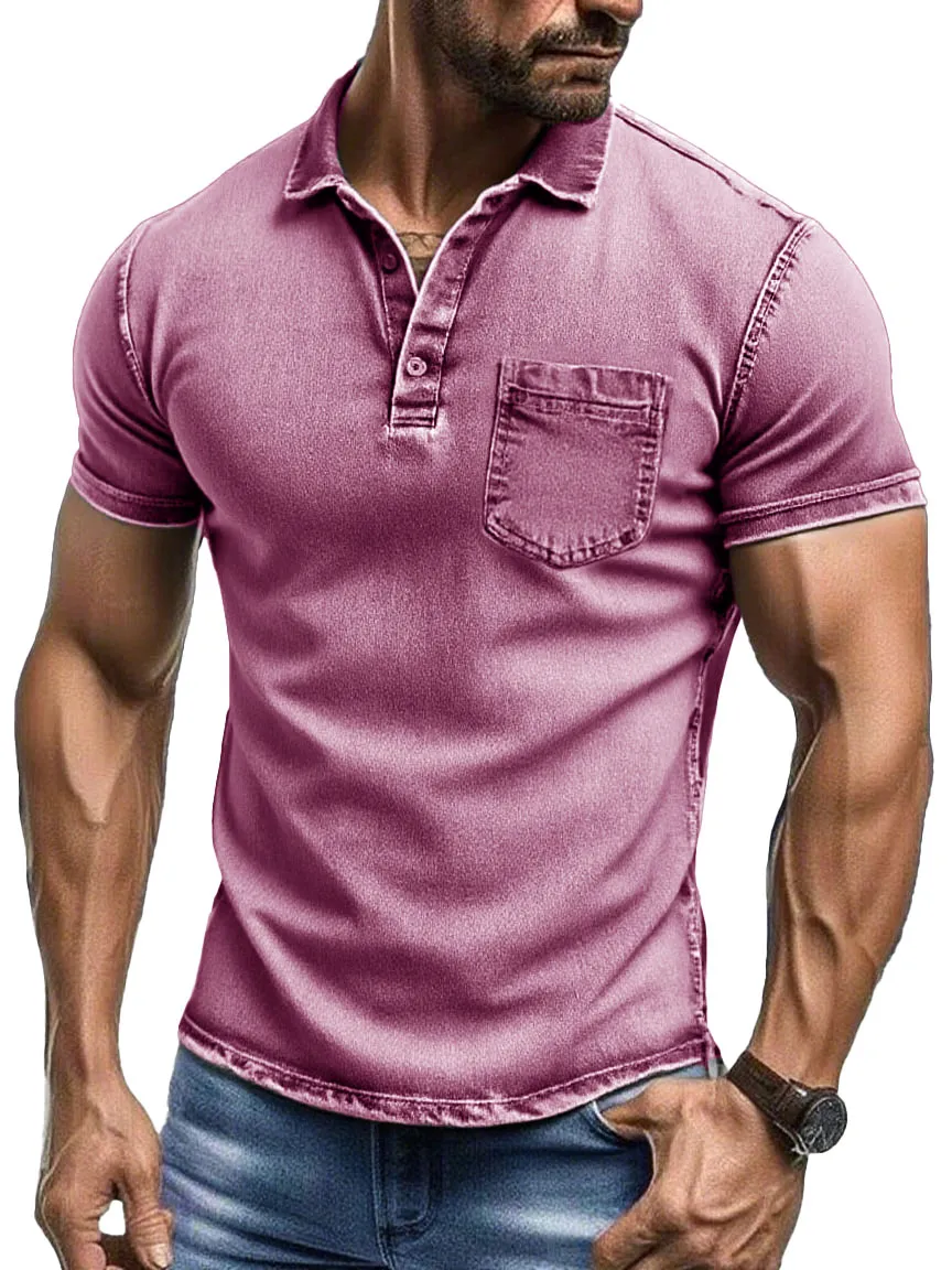 Men's Fashion Retro Pure Cotton Distressed Fabric Pocket Lapel Polo Shirt 
