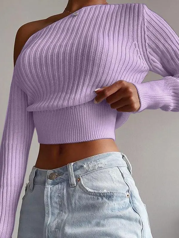 Casual  Asymmetrical Neck Long Sleeve Knitting Top