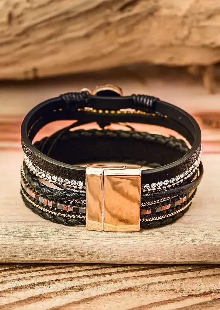 Heart Rhinestone Leather Bracelet