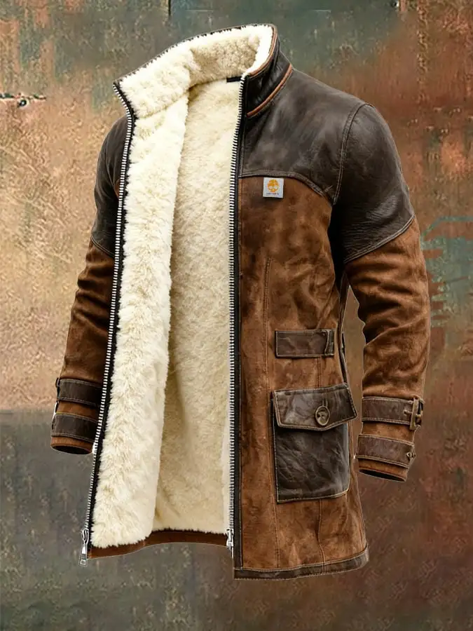 Men's Vintage Brown Shearling Coat With Fur Collar