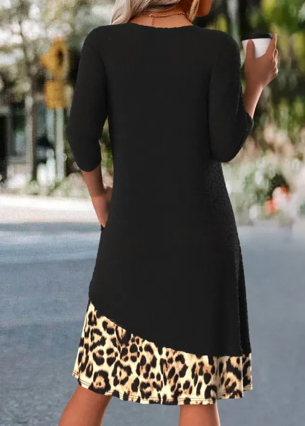 Black Button Leopard A Line 3/4 Sleeve Dress