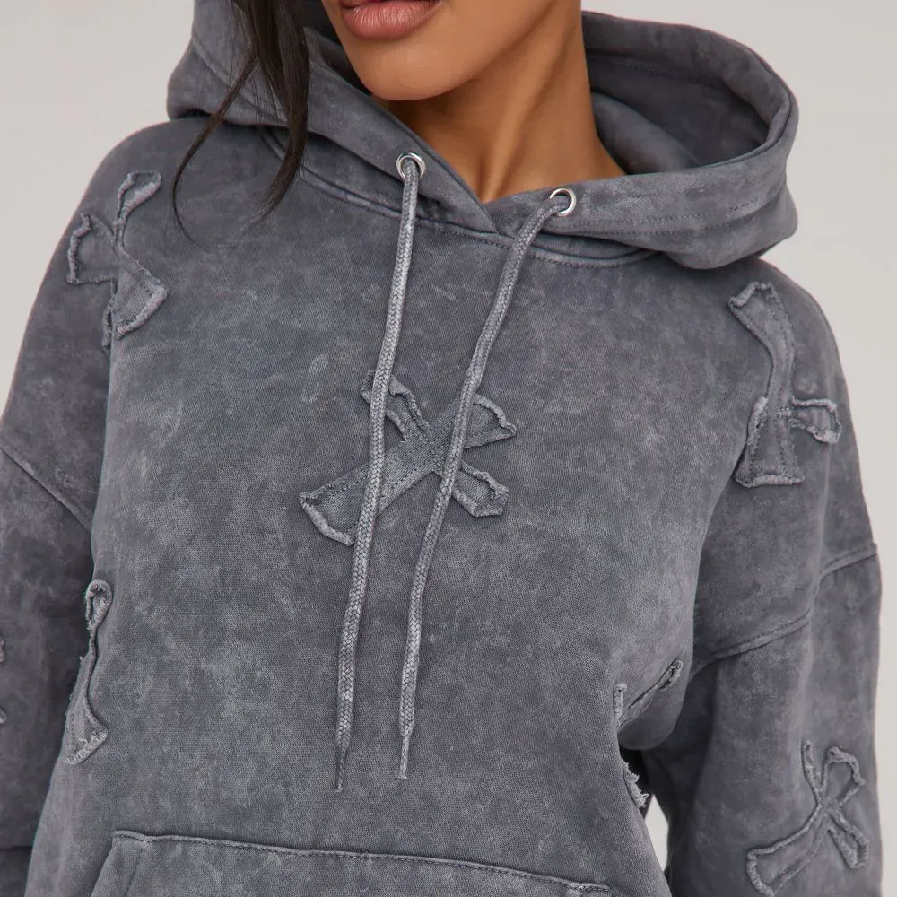Cross Patch Detail Oversized Hoodie In Acid Wash Grey