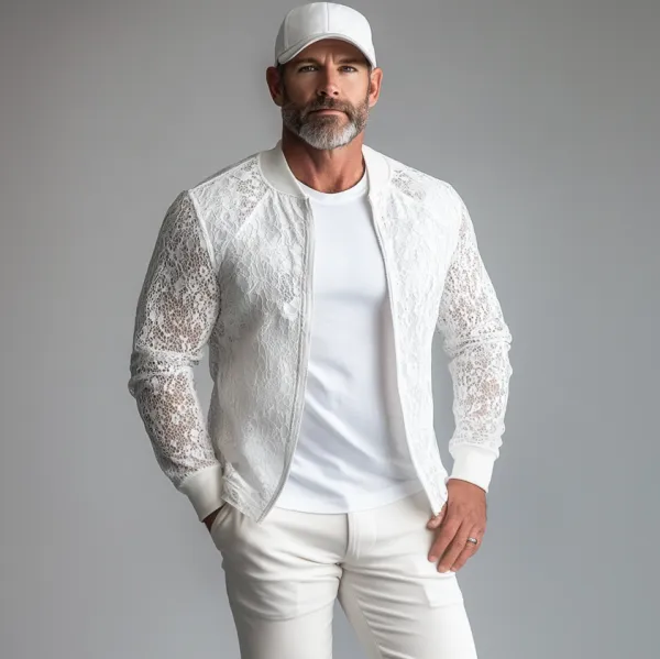 Men's Lace Hollow Out Long Sleeve Zip Up Bomber Jacket