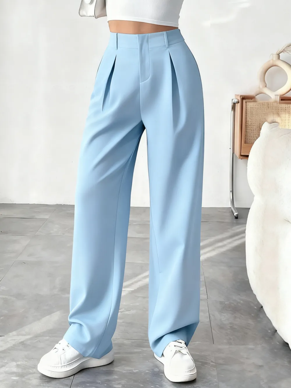 Women's Solid Wide Leg Pants: Pleated Pocket, Zipper Fly (Work/Office, Spring/Fall)