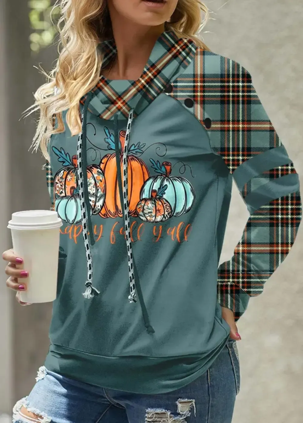 Turquoise Patchwork Plaid Long Sleeve Cowl Neck Sweatshirt