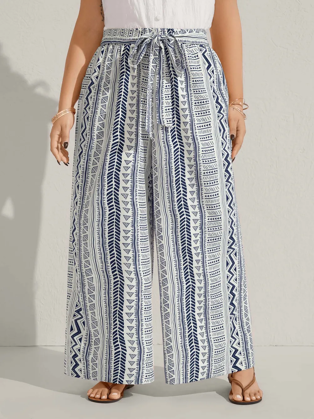 Waist-Tie Wide-Leg Boho Print Pants