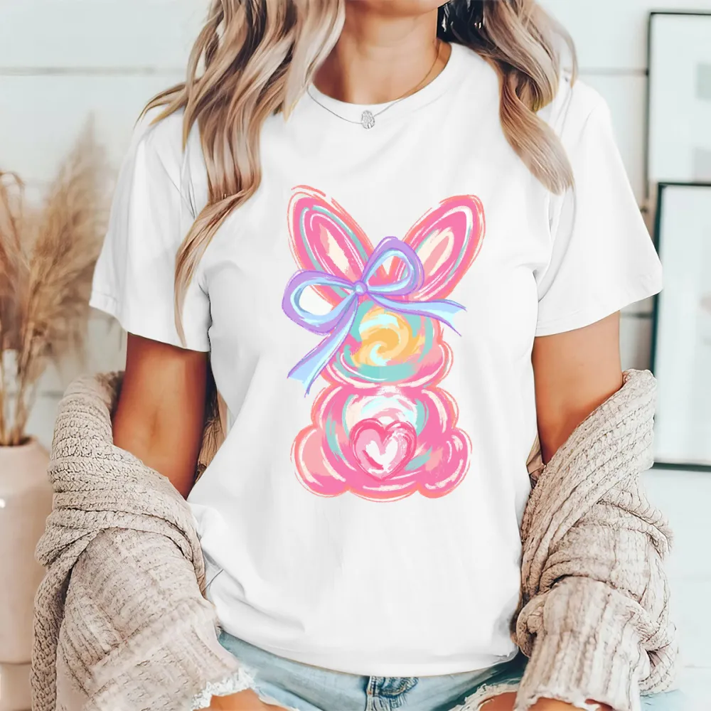 Easter Colorful Bunny Printed Round Neck Short Sleeve T-Shirt