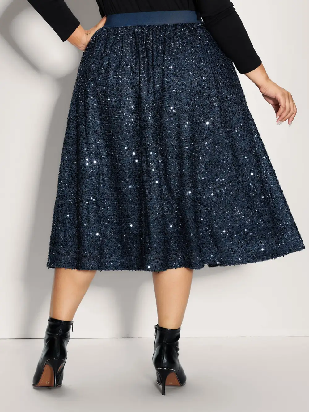 Shimmery Sequin Shirred Waist Midi Skirt