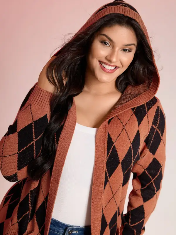 Checkered Jacquard Hooded Pockets Knit Cardigan