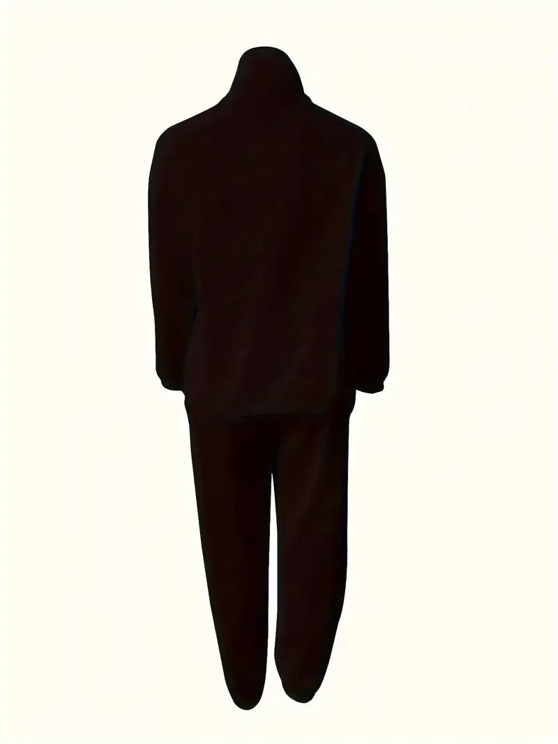 Two-Piece Solid Color Casual Outfit - High Neck Zip Front Long Sleeve Sweatshirt & Elastic Waist Pants