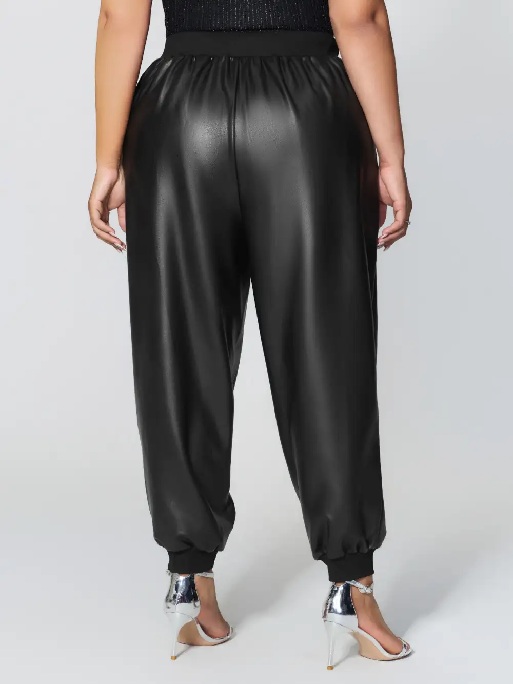 Ribbed Trim Spliced Leather Drawstring Pants