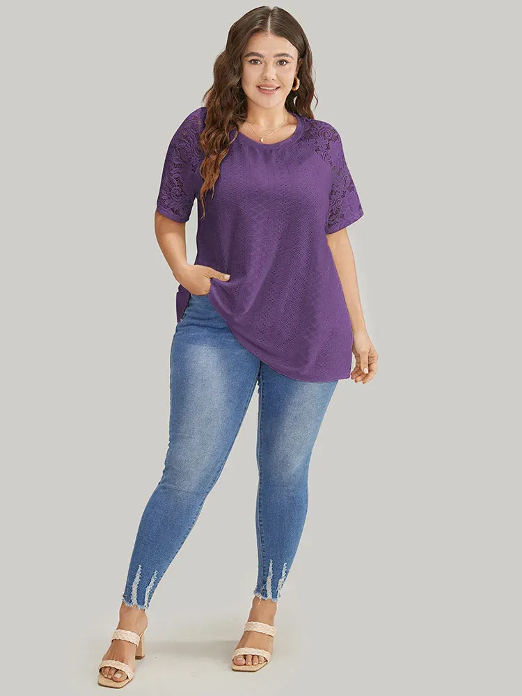 Solid Broderie Anglaise Lace Raglan Sleeve T-shirt