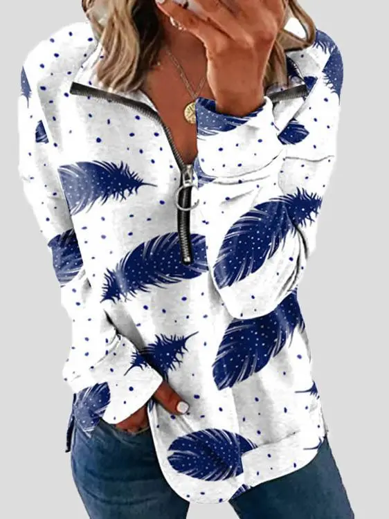 Women's T-Shirts Zip Lapel Printed Long Sleeve T-Shirts（⚡Clearance Sale）