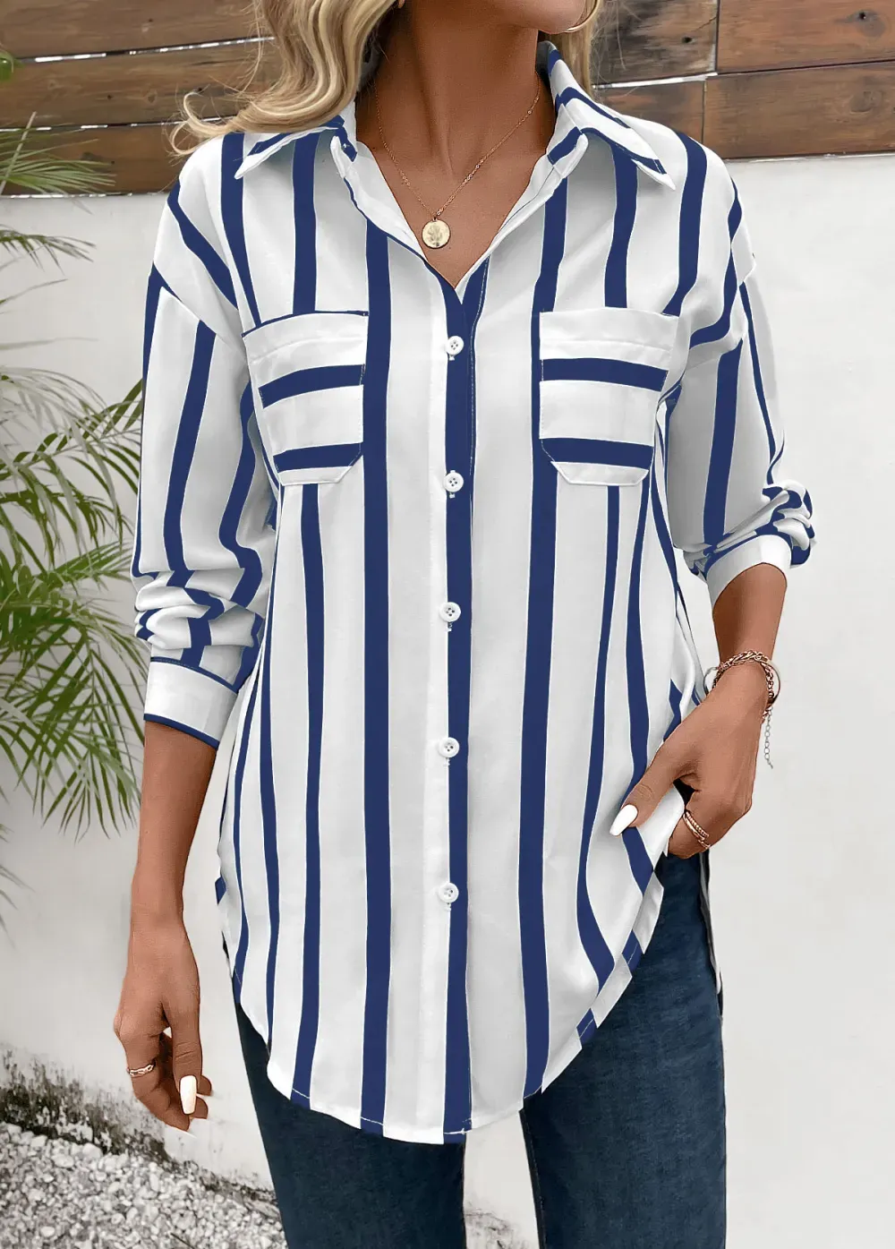 Blue Button Striped Long Sleeve Shirt