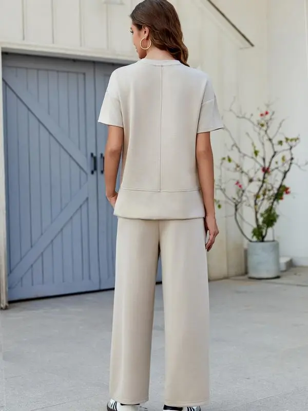 2 Piece Tracksuit for Womenswear Soft Short Sleeve Outdoor Wide Adjustable Leg Pockets Pants Lounge Matching Travel