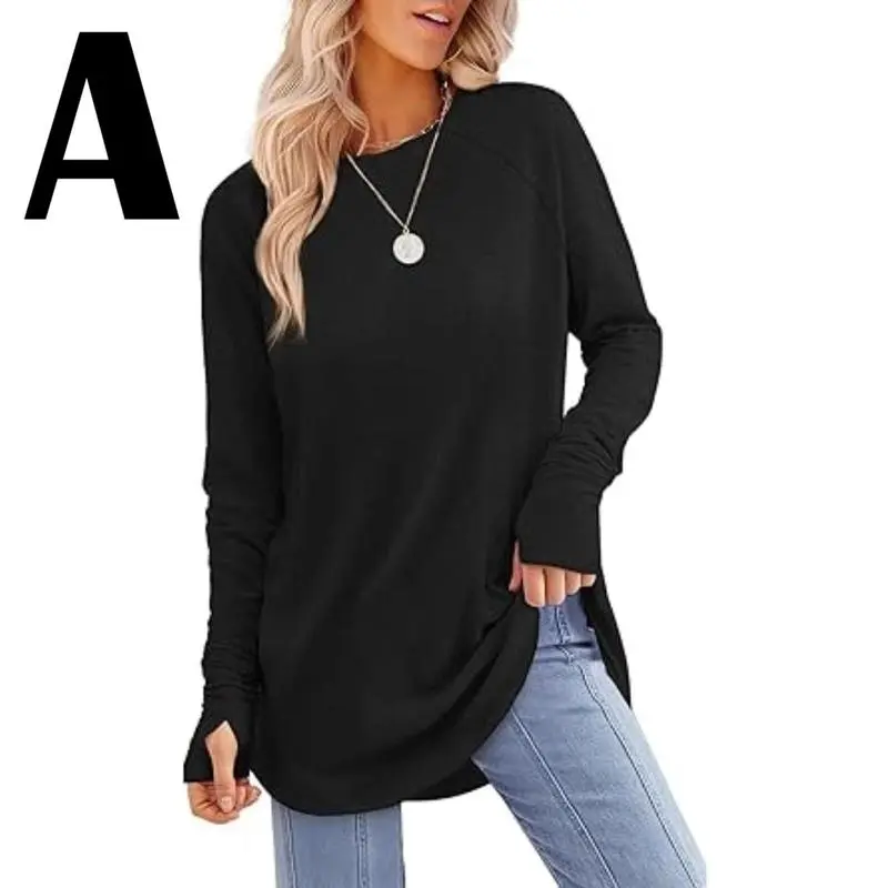 Womens Tunic Tops to Wear with Leggings Long Sleeve Thumb Hole Shirts Crew Neck Curved Hem