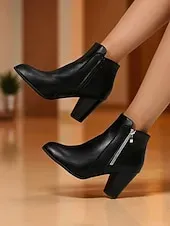 Women's Brown Faux Leather Ankle Boots with Zipper Closure and Block Heel - Stylish Western Fall Footwear for Daily and Casual Outfits