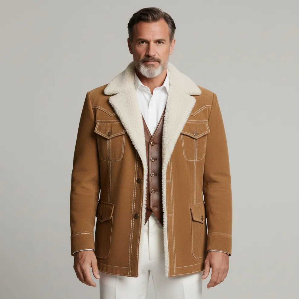 Men's Brown Plush Collar Long Sleeve Contrast Stitched Flap Pockets Button Suede Coat