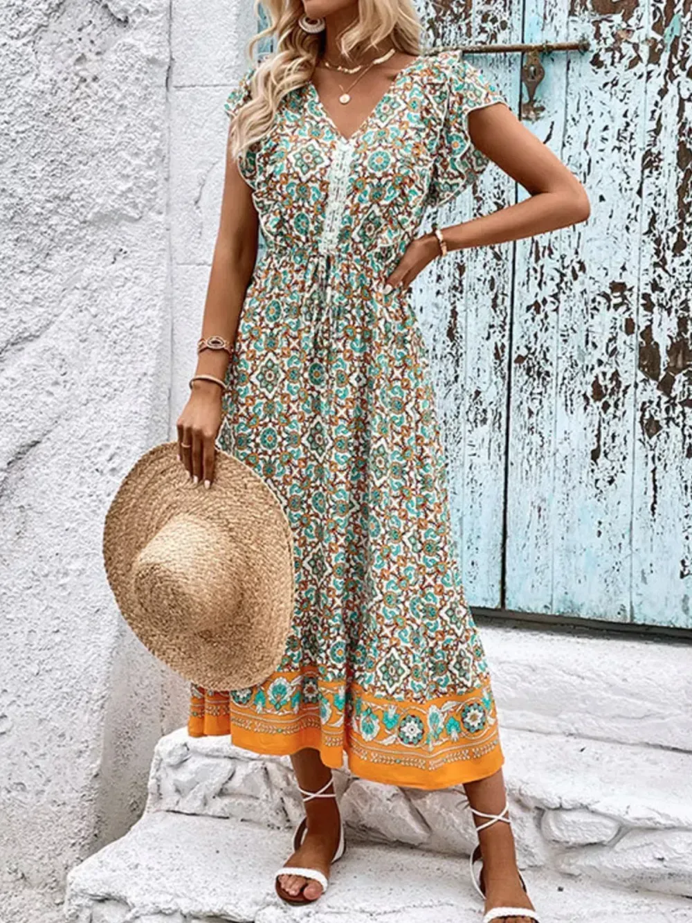 Women Floral V Neck Short Sleeve Comfy Casual Midi Dress