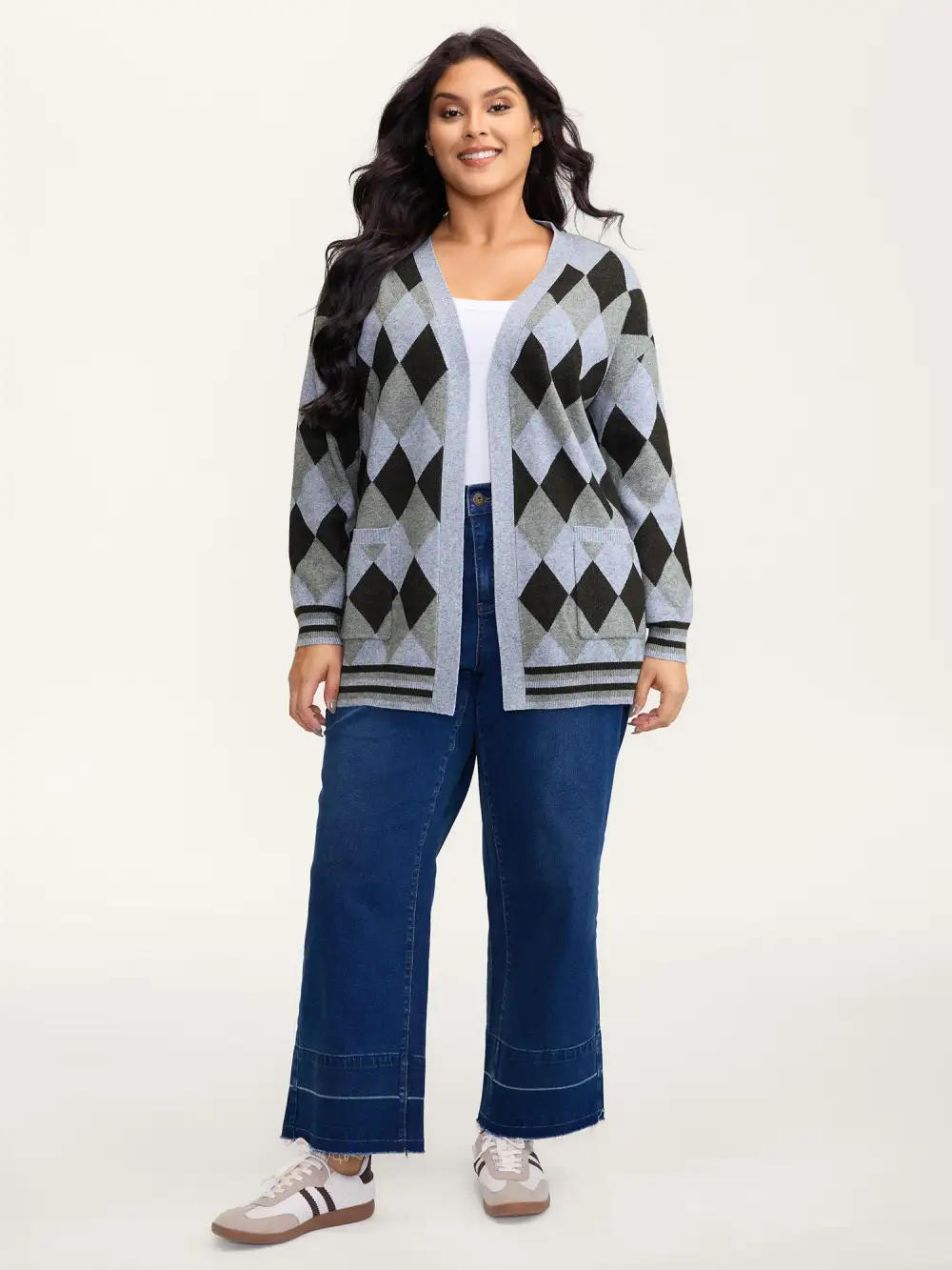 Geometrical Pattern Open-Front Knit Cardigan