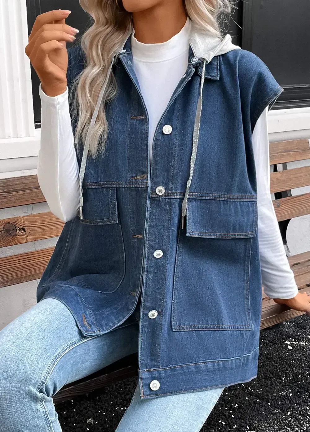 Denim Blue Patchwork Sleeveless Hooded Waistcoat