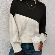 Womens Elegant Color Block Funnel Neck Pullover Sweater - Soft High Elasticity Acrylic Knit Fabric, Long Sleeve Drop Shoulder Design, Easy Care Hand Wash or Dry Clean, Perfect for Fall and Winter