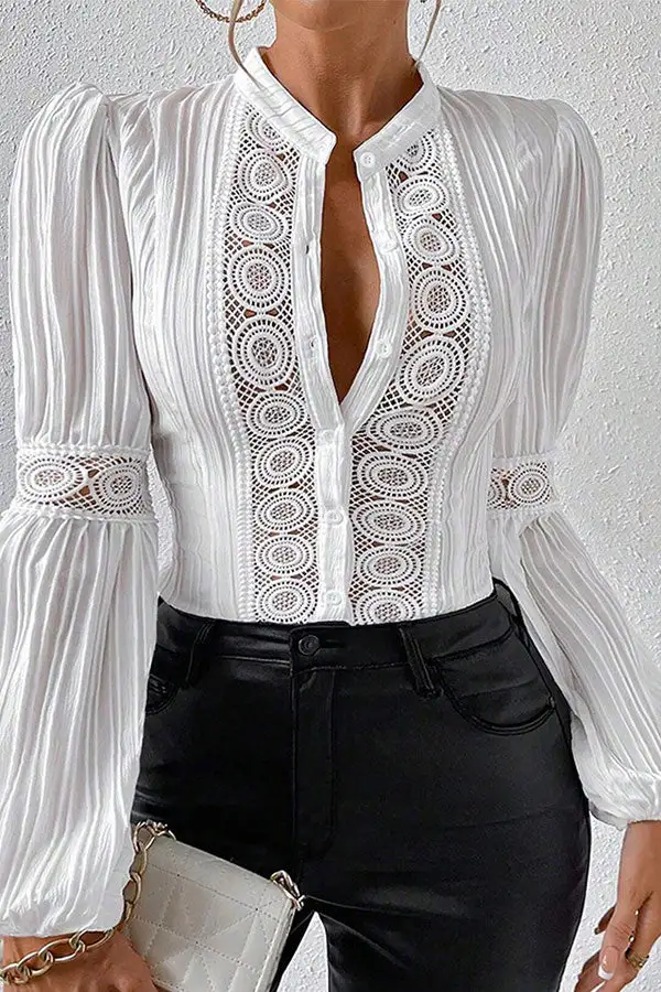 Lace Patchwork Textured Sheer Blouse