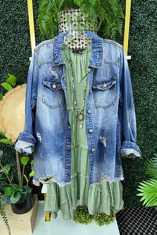 Solid Ruffled Sleeve Pleated V-Neck Dress