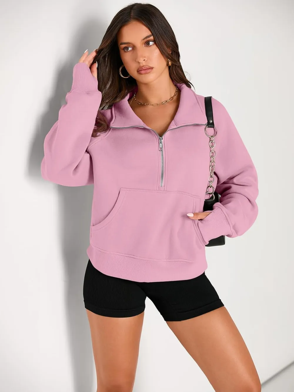 Womens Sweatshirts Half Zip Cropped Pullover Fleece Quarter Zipper Hoodies Fall outfits Clothes Thumb Hole