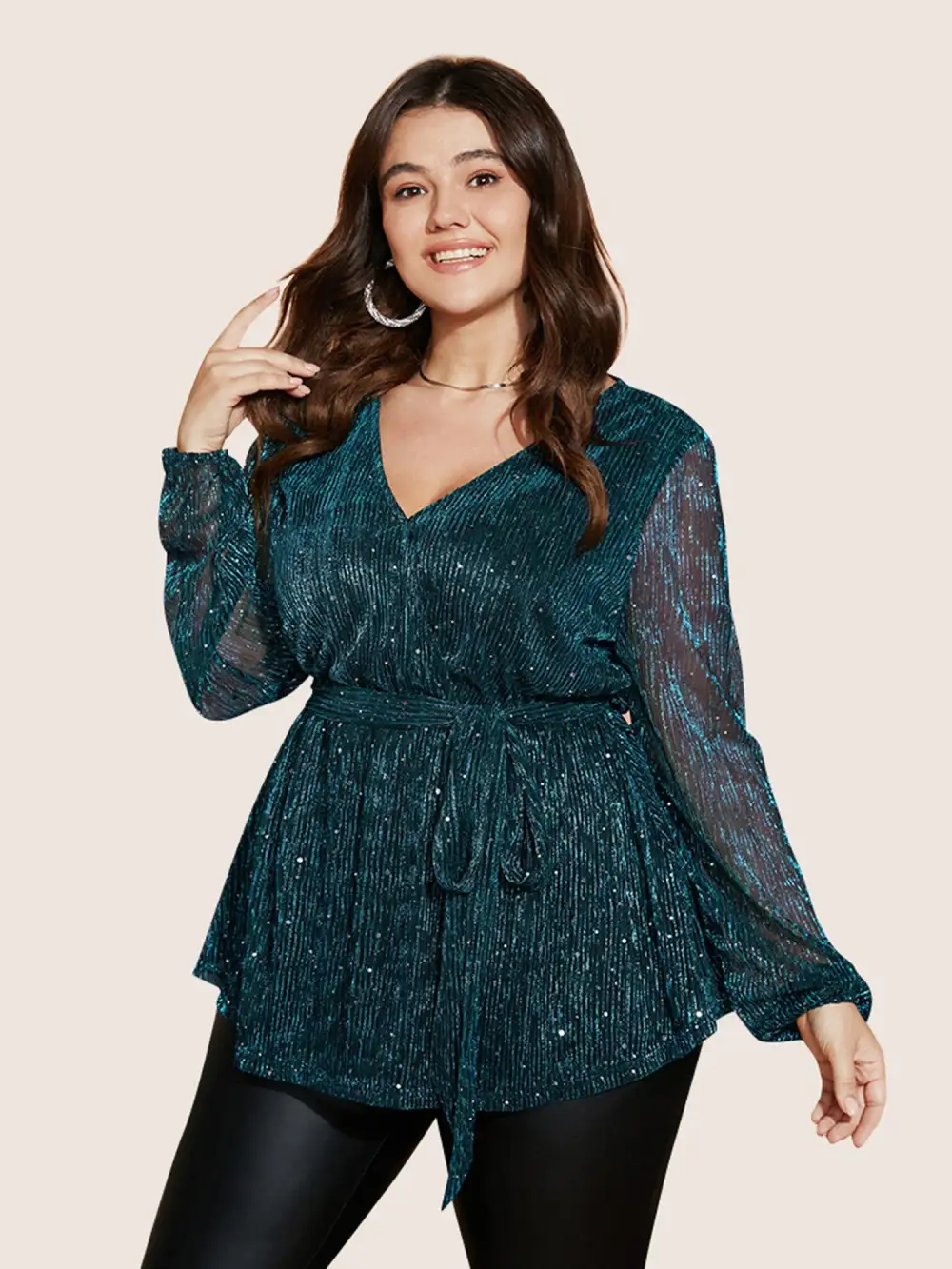 Sequin Mesh Lantern Sleeve Wrap Belted Striped Blouse