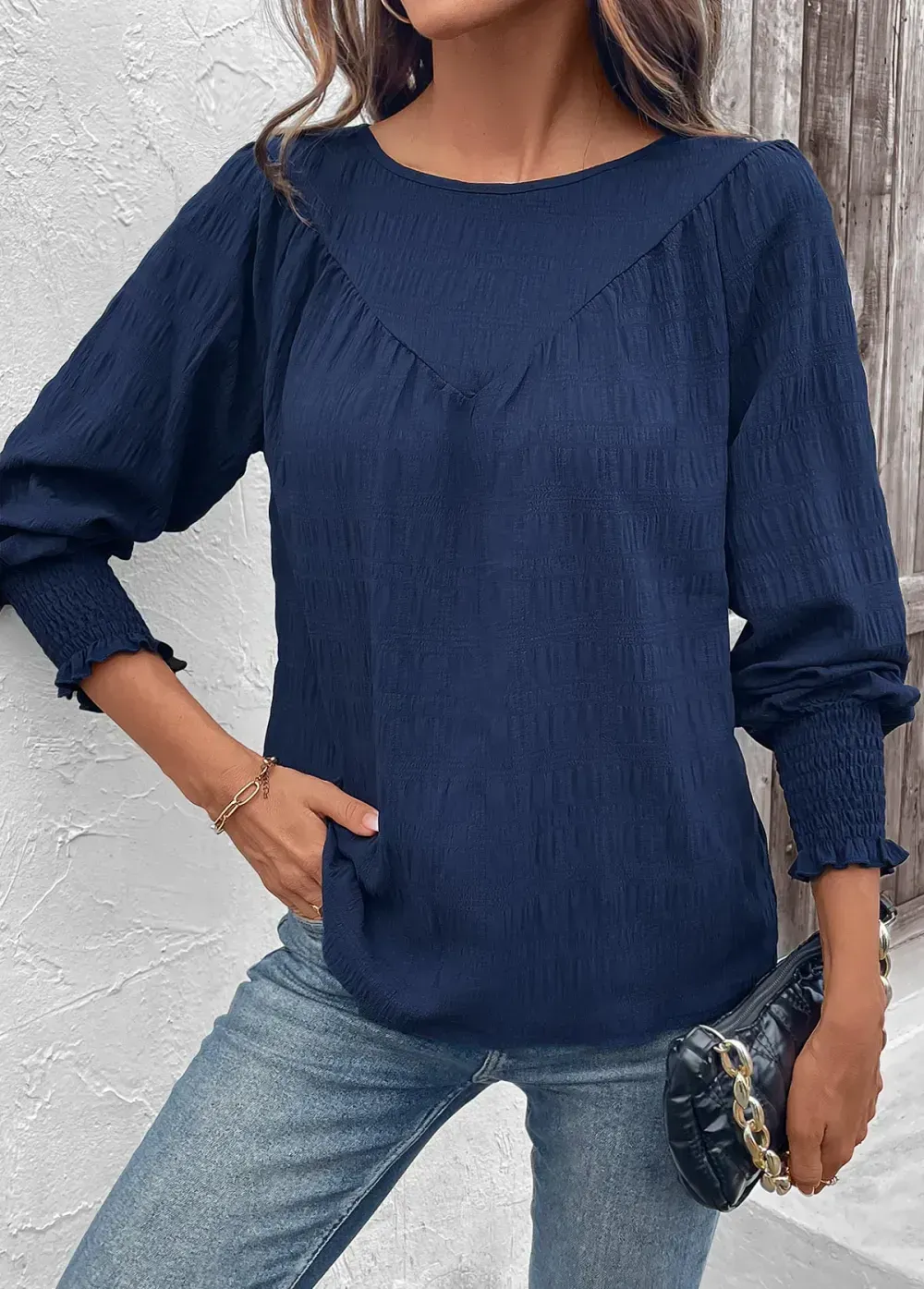 Navy Smocked Long Sleeve Round Neck Blouse