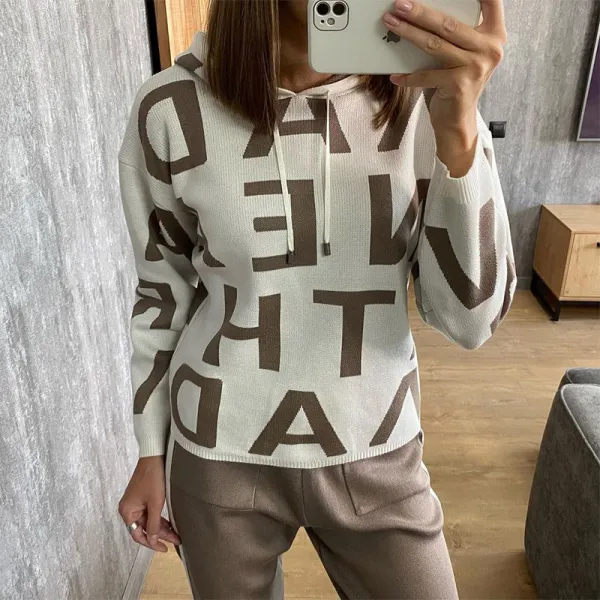 Hooded sports letter knitted two-piece set