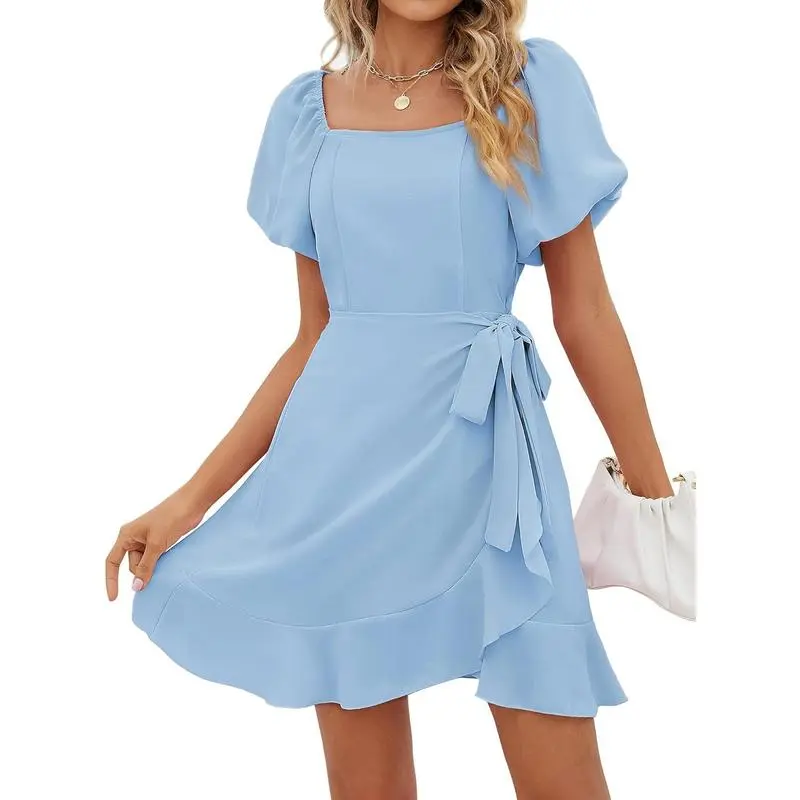 Womens Summer Dresses Square Neck Puff Sleeve Tie Waist Short Dress