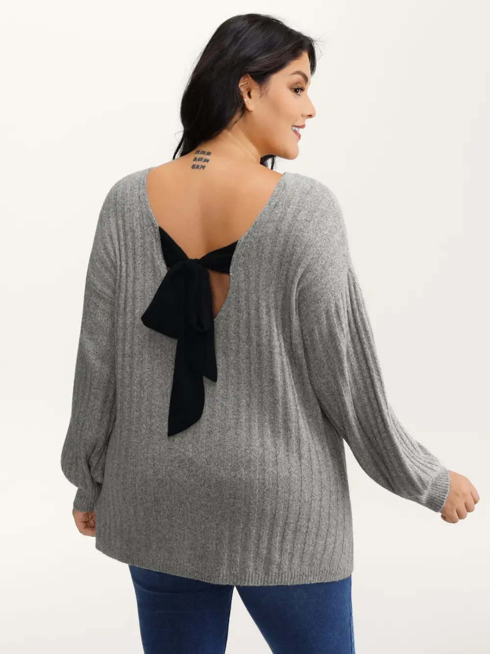 Back Bow-Tie Ribbed Texture Pullover