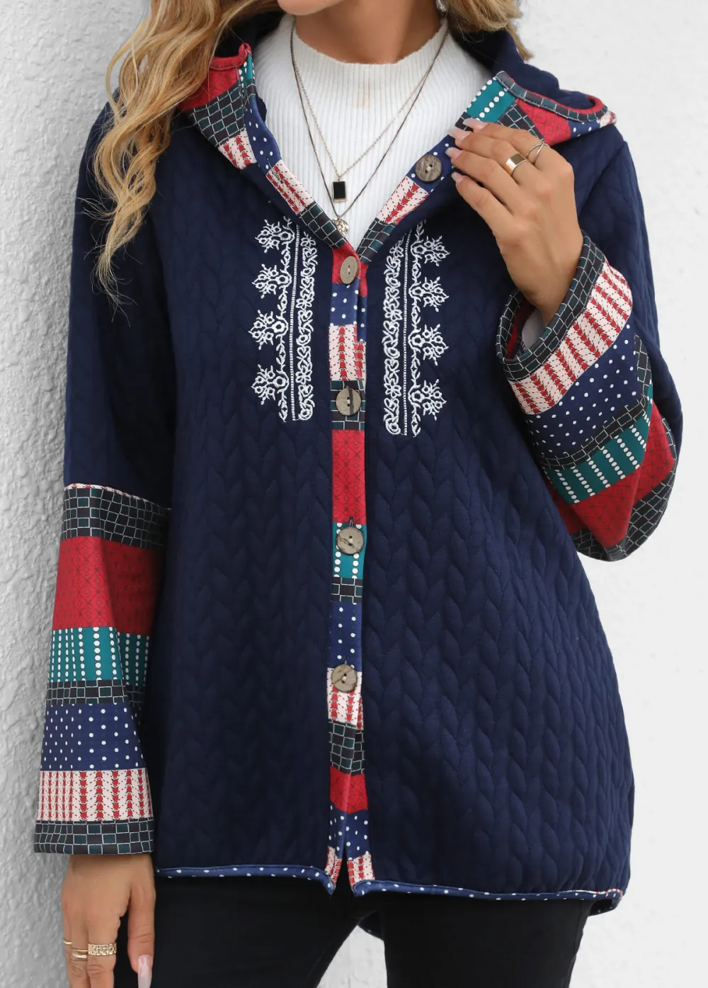 Navy Patchwork Tribal Print Long Sleeve Hooded Coat